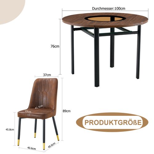 Ensemble Table Ronde D.100 Cm Bois Marron Avec 2 Chaises Tissu Marron Pieds Métal Noir
