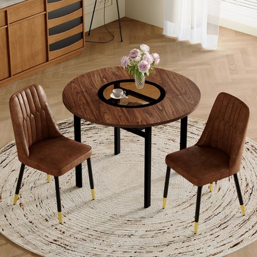 Ensemble Table Ronde D.100 Cm Bois Marron Avec 2 Chaises Tissu Marron Pieds Métal Noir