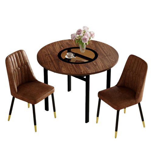 Ensemble Table Ronde D.100 Cm Bois Marron Avec 2 Chaises Tissu Marron Pieds Métal Noir