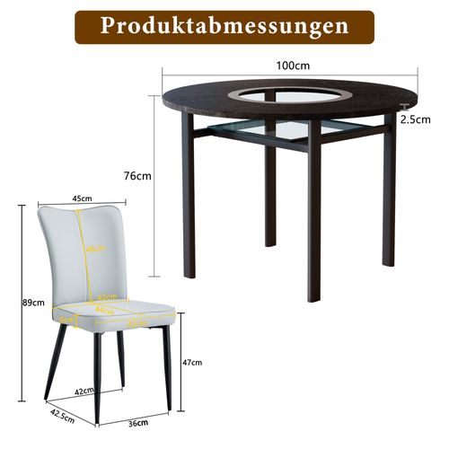 Ensemble Table Ronde D.100 Cm Bois Noir Avec 4 Chaises Pu Gris Clair, Pieds Métal Noirs