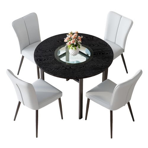 Ensemble Table Ronde D.100 Cm Bois Noir Avec 4 Chaises Pu Gris Clair, Pieds Métal Noirs