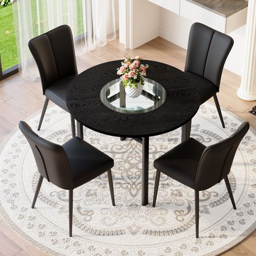 Ensemble Table Ronde 100 Cm Bois Noir Avec 4 Chaises Pu Noir Et Métal