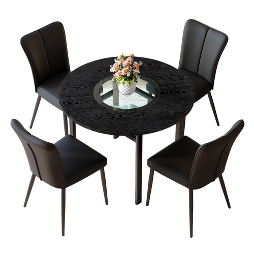 Ensemble Table Ronde 100 Cm Bois Noir Avec 4 Chaises Pu Noir Et Métal