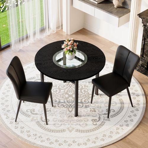 Ensemble Table Ronde D.100 Cm Bois Noir Avec 2 Chaises En Pu Noir Et Pieds Métal