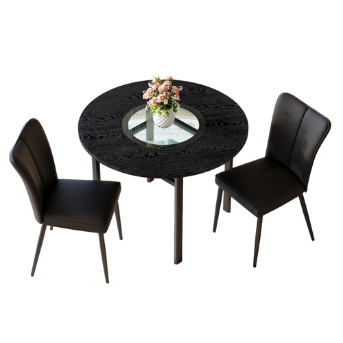 Ensemble Table Ronde D.100 Cm Bois Noir Avec 2 Chaises En Pu Noir Et Pieds Métal