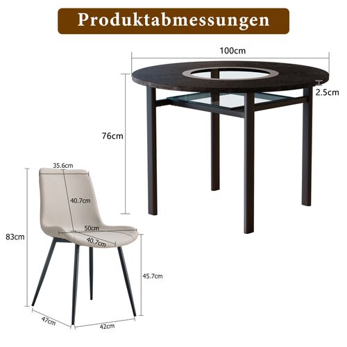 Ensemble Table Ronde 100 Cm Décor Bois Noir Avec 4 Chaises Pu Gris Chaud