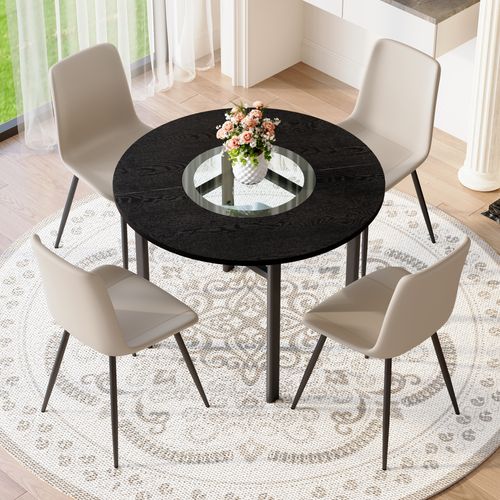 Ensemble Table Ronde 100 Cm Décor Bois Noir Avec 4 Chaises Pu Gris Chaud