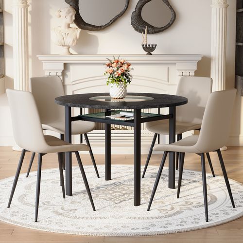 Ensemble Table Ronde 100 Cm Décor Bois Noir Avec 4 Chaises Pu Gris Chaud