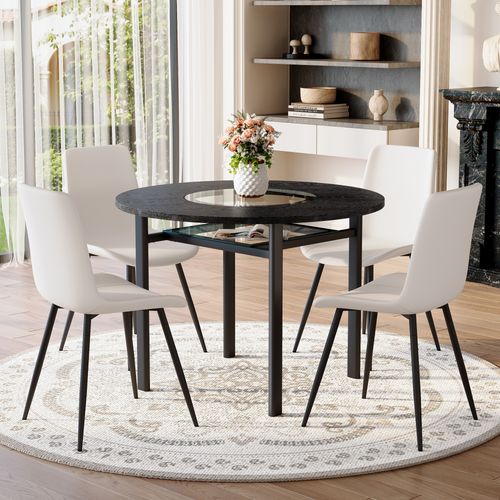 Ensemble Table Ronde D.100 Cm Bois Noir Avec 4 Chaises Blanc Pu