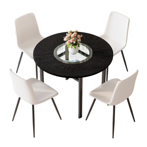 Ensemble Table Ronde D.100 Cm Bois Noir Avec 4 Chaises Blanc Pu