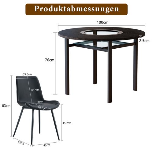 Ensemble Table Ronde D.100 Cm Bois Noir Et 4 Chaises Pu Noir Métal