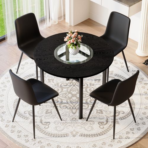 Ensemble Table Ronde D.100 Cm Bois Noir Et 4 Chaises Pu Noir Métal