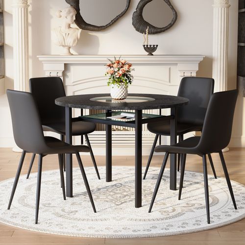 Ensemble Table Ronde D.100 Cm Bois Noir Et 4 Chaises Pu Noir Métal