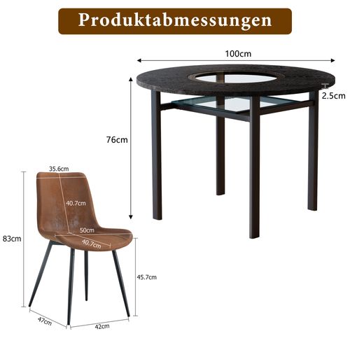 Ensemble Table Ronde 100 Cm Noir Effet Bois Et 4 Chaises Tissu Brun Métal