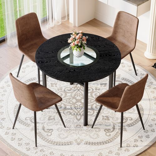 Ensemble Table Ronde 100 Cm Noir Effet Bois Et 4 Chaises Tissu Brun Métal