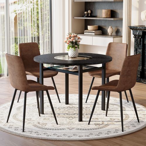 Ensemble Table Ronde 100 Cm Noir Effet Bois Et 4 Chaises Tissu Brun Métal