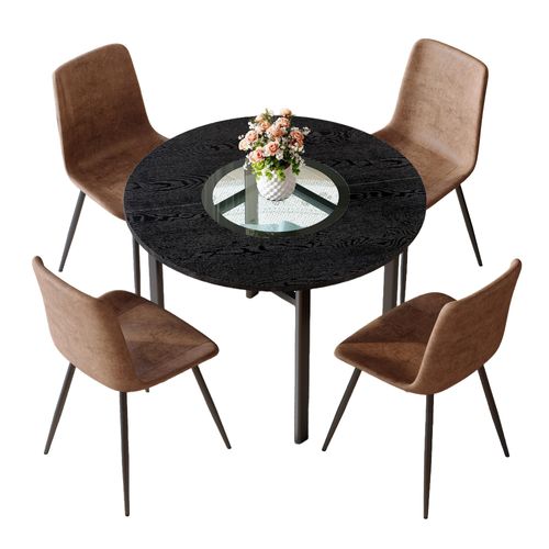 Ensemble Table Ronde 100 Cm Noir Effet Bois Et 4 Chaises Tissu Brun Métal