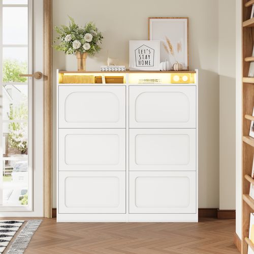 Meuble à Chaussures Avec LED, 6 Abattants Et 2 Niches Ouvertes, Blanc Et Naturel