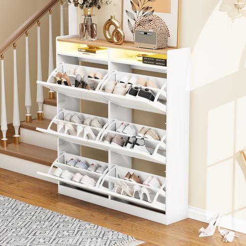 Meuble à Chaussures Avec LED, 6 Abattants Et 2 Niches Ouvertes, Blanc Et Naturel