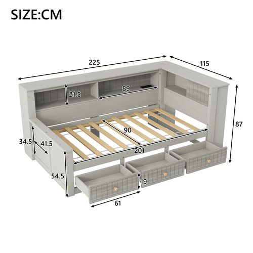 Lit Enfant 90x200 Cm Avec LED, Étagères Et 3 Tiroirs, Bois Gris, Sommier Inclus