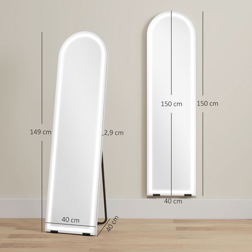 Miroir Sur Pied Arqué 150 Cm Avec LED Dimmable 3 Couleurs, Blanc, Sur Pied Ou Mural