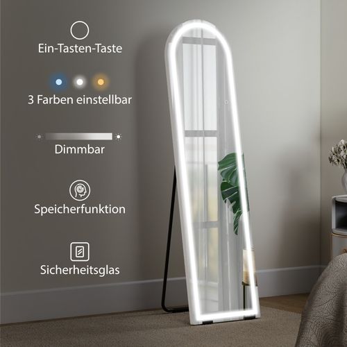 Miroir Sur Pied Arqué 150 Cm Avec LED Dimmable 3 Couleurs, Blanc, Sur Pied Ou Mural