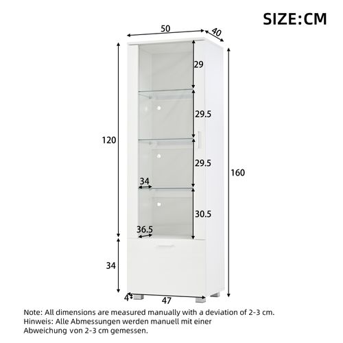 Vitrine Haute LED Blanche 50x40x160 Cm Avec Portes En Acrylique Et 3 Étagères