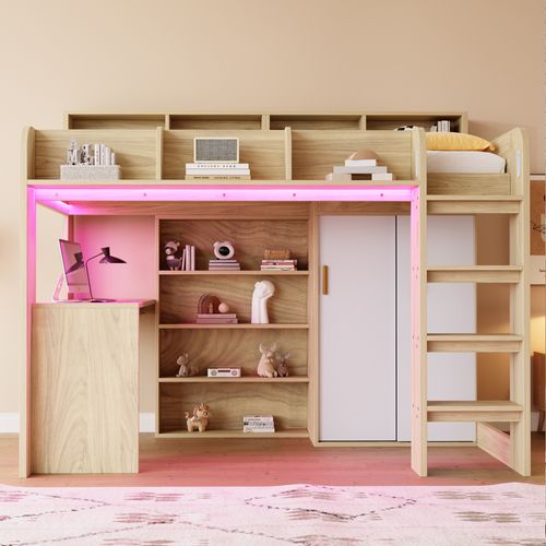 Lit Mezzanine Enfant 90x200 Cm LED Avec Bureau Intégré, Prise USB, Armoire Rangements, Bois Naturel