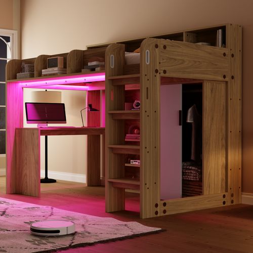 Lit Mezzanine Enfant 90x200 Cm LED Avec Bureau Intégré, Prise USB, Armoire Rangements, Bois Naturel