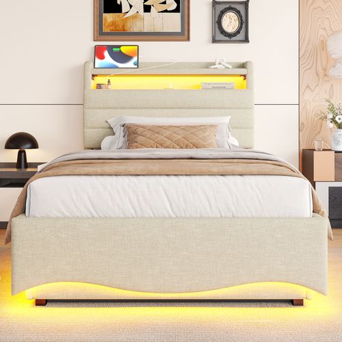 Lit Enfant LED 90x200 Cm Avec Ports USB/type-c, Coffre Hydraulique, Sommier à Lattes, Lin Beige
