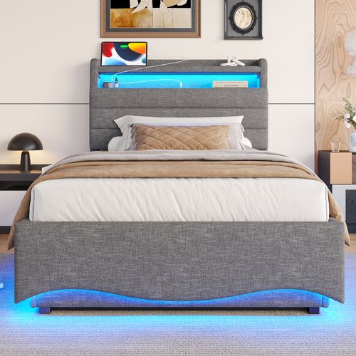 Lit Enfant LED 90x200 Cm Avec Coffre, Ports USB/type-c, Tête à Rangement, Lin Gris