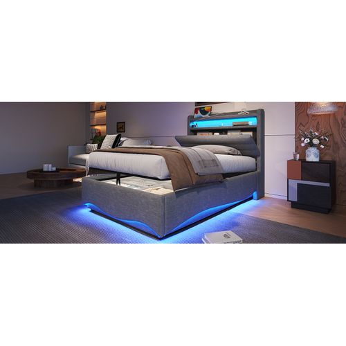 Lit Enfant LED 90x200 Cm Avec Coffre, Ports USB/type-c, Tête à Rangement, Lin Gris