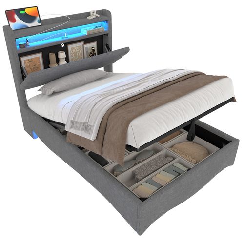 Lit Enfant LED 90x200 Cm Avec Coffre, Ports USB/type-c, Tête à Rangement, Lin Gris