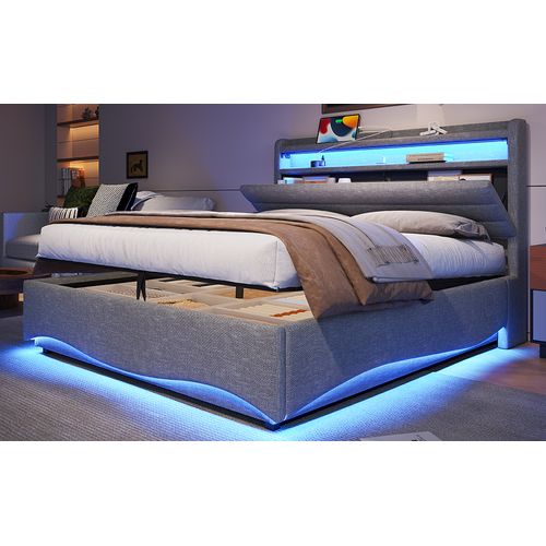 Lit Adulte 140x200 Cm En Lin Gris Avec LED, Ports USB/type-c, Coffre De Rangement