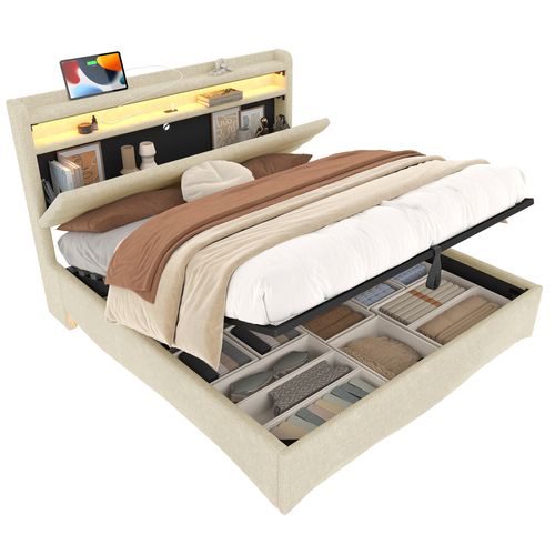 Lit Coffre 140x200 Cm 2 Places Avec LED, Prises USB/type-c, Rangement Hydraulique, Lin Beige