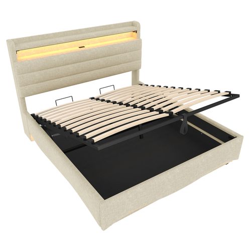Lit Coffre 140x200 Cm 2 Places Avec LED, Prises USB/type-c, Rangement Hydraulique, Lin Beige