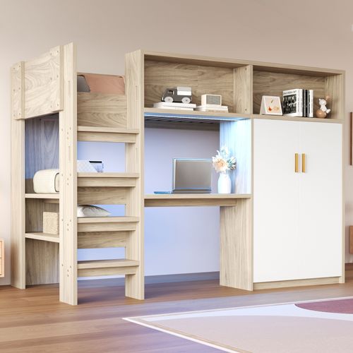 Lit Mezzanine Enfant 90x200 Cm LED Avec Bureau, Armoire, Étagères Rangements, Bois Et Blanc