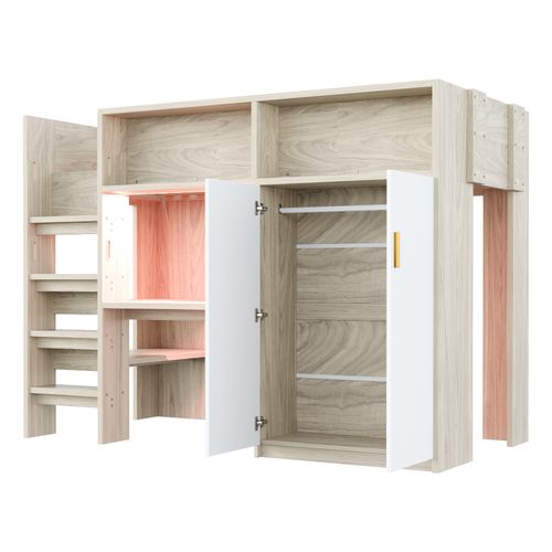 Lit Mezzanine Enfant 90x200 Cm LED Avec Bureau, Armoire, Étagères Rangements, Bois Et Blanc