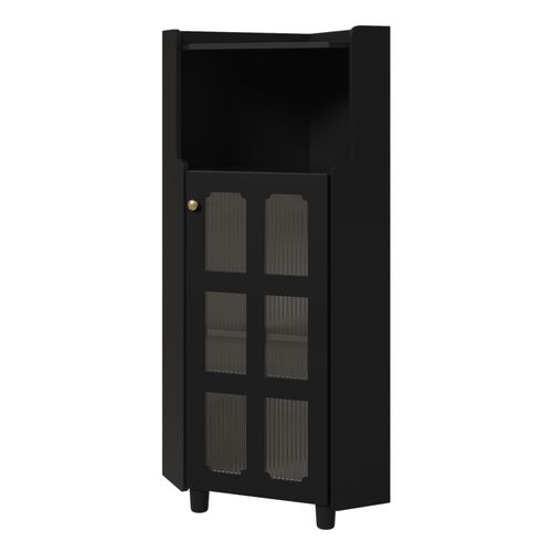 Colonne D'angle Noire Salon Et Salle De Bain 124 Cm Avec 2 Portes En Verre Et Niche, LED (app)