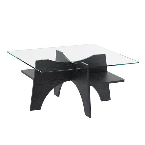 Table Basse Carrée Salon 80x80x40 Cm, Plateau Verre Tempé Et Pieds Effet Bois Noir