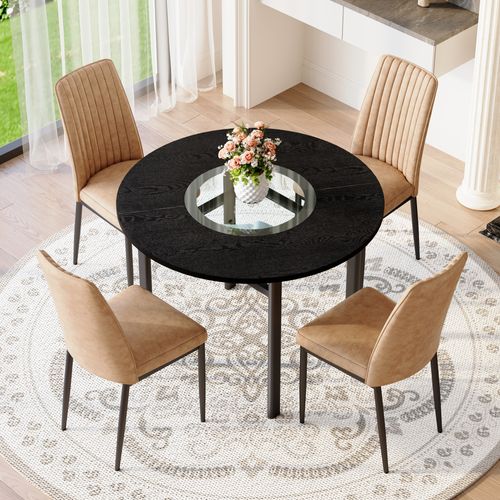 Ensemble Table Ronde 100 Cm Noir Effet Bois Avec Étagère En Verre Et 4 Chaises Tissu Brun