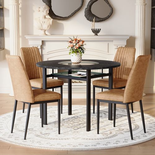 Ensemble Table Ronde 100 Cm Noir Effet Bois Avec Étagère En Verre Et 4 Chaises Tissu Brun