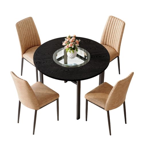Ensemble Table Ronde 100 Cm Noir Effet Bois Avec Étagère En Verre Et 4 Chaises Tissu Brun