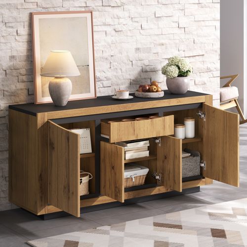 Buffet 140 X 38,5 X 52 Cm Bois Avec 4 Portes, Compartiments Et Tiroir