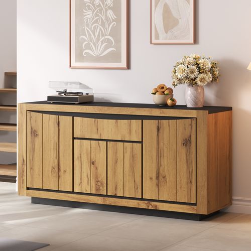 Buffet 140 X 38,5 X 52 Cm Bois Avec 4 Portes, Compartiments Et Tiroir