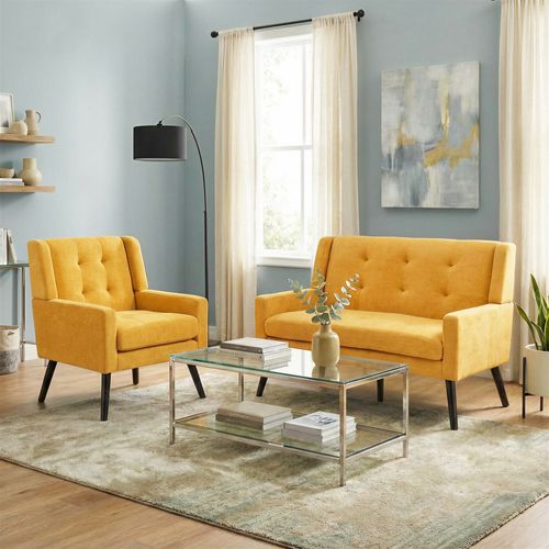 Set De 2 Banquette 2 Places Et Fauteuils En Lin Jaune, Mousse Haute Densité, Pieds En Bois