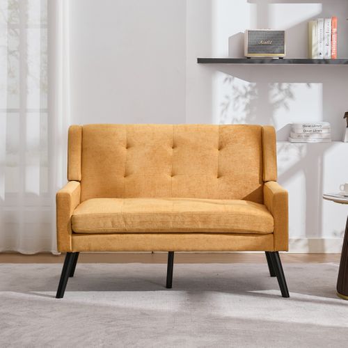 Set De 2 Banquette 2 Places Et Fauteuils En Lin Jaune, Mousse Haute Densité, Pieds En Bois