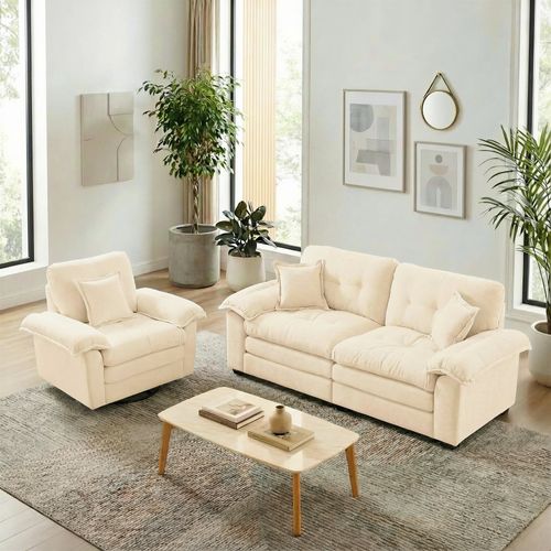 Canapé 2 Places Et Fauteuil, 2 Pièces En Tissu Chenille Beige, Assise Profonde Avec Coussins