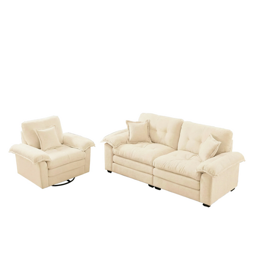 Canapé 2 Places Et Fauteuil, 2 Pièces En Tissu Chenille Beige, Assise Profonde Avec Coussins