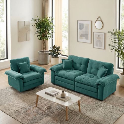 Ensemble Canapé 2 Pièces En Tissu Chenille Vert : Fauteuil Et Canapé 2 Places